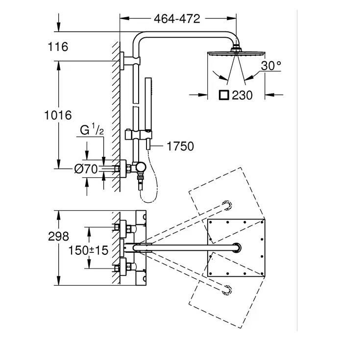Grohe Euphoria Duschsystem XXL 230 - Mit Thermostatarmatur, Lochabstand: 101,6 cm, Anzahl Strahlarten: 1 Stk., Chrom - Wandmontiertes Duschsystem: Installationsschema mit Maßen.