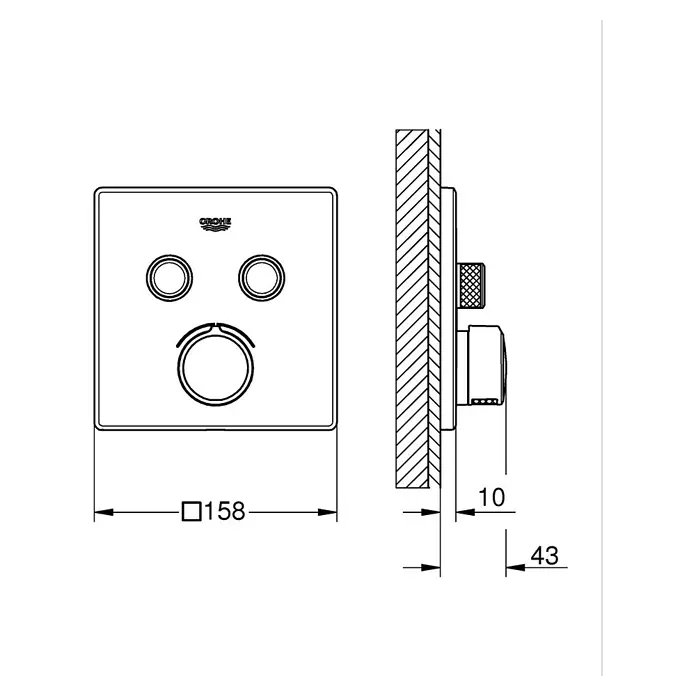 Grohe SmartControl UP-Brausearmatur - Anzahl Absperrventile: 2 Stk., Eckig, Chrom, Glänzend - Quadratische Grohe Duscharmatur mit drei runden Bedienelementen. Breite 158mm, Gesamtausladung 43mm.