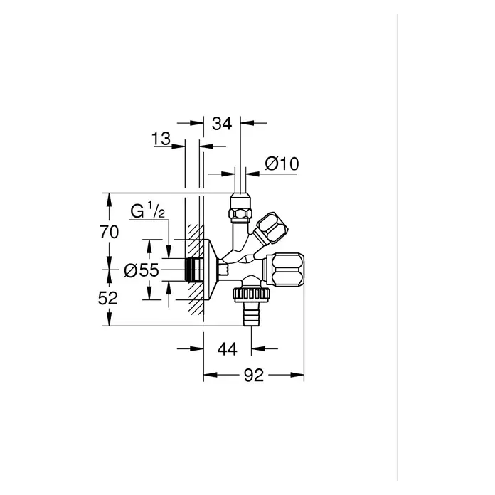 Grohe Geräteventil - ½″, Selbstdichtendes Anschlussgewinde, Verchromt - Technische Zeichnung eines wandmontierten Sanitärventils mit G 1/2 Gewinde, Ø10-Ausgang und Schlauchanschluss, mit Maßen.