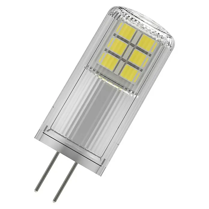 Osram LED-Lampe Pin G4 MR16 - G4, Dimmbar, Warmweiß, 200 lm, 2 W - Klare G4 LED-Birne mit sichtbaren gelben LED-Chips und zwei Metallstiften.