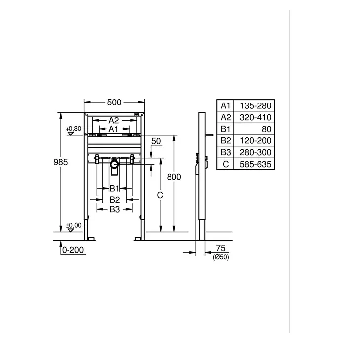 Grohe Rapid SL Elemento de pre-tabicado de lavabo - 7,5 x 50 x 100 cm, Recubrimiento en polvo - Dibujo técnico de un bastidor de inodoro suspendido con dimensiones de instalación y ajustes de altura/ancho variables.