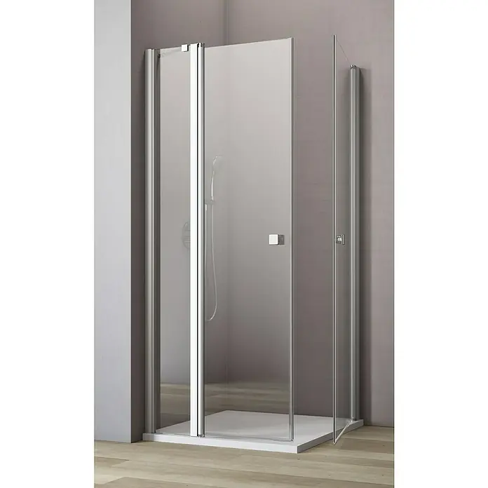 GEO Hit Eckdusche B-E210 - L x B x H: 120 x 90 x 202,2 cm, Unbeschichtet, Silber, Glasstärke: 6 mm - Elegante Duschkabine mit klarem Glas und schlanken Chromrahmen. Das moderne Design fügt sich nahtlos in jedes Badezimmer ein.