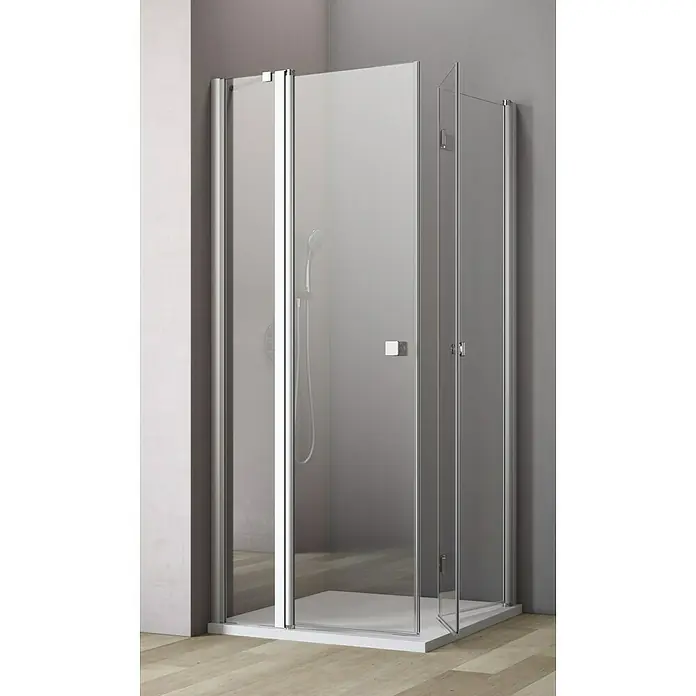 GEO Hit Eckdusche B-E240 - L x B x H: 100 x 80 x 202,2 cm, Beschichtet, Silber, Glasstärke: 6 mm - Moderne Duschkabine mit klaren Glaswänden und silbernen Rahmen, die ein elegantes und minimalistisches Design bietet.