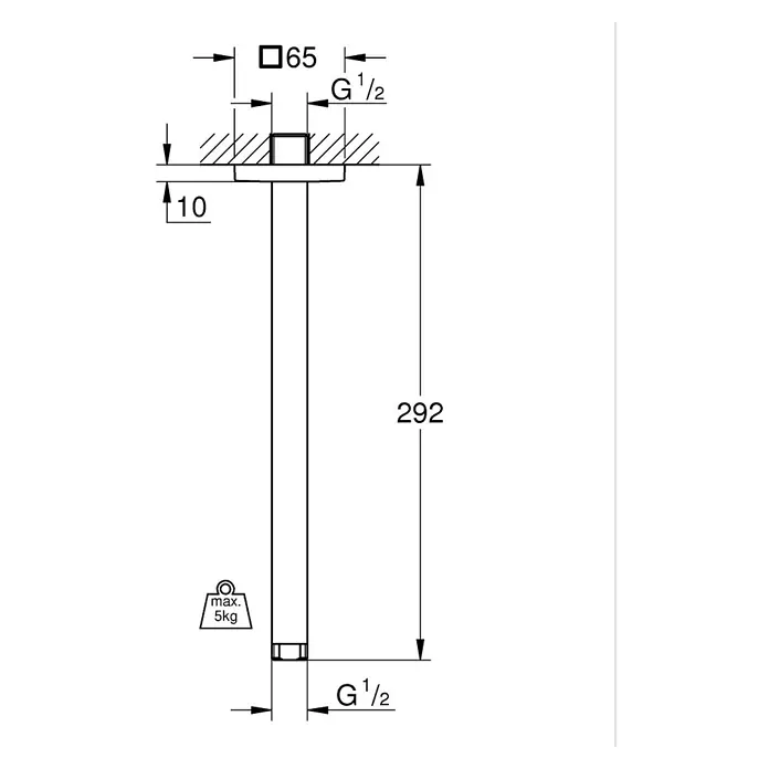 Grohe Rainshower Brazo de conexión - Montaje en el techo, Altura: 31 cm, ½″, Cuadrado - Dibujo técnico: Tubo de conexión G 1/2 de 292mm con brida cuadrada de 65mm, carga máx. 5kg.