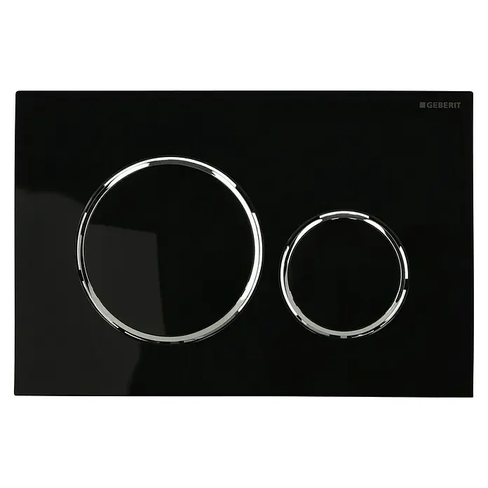 Geberit Betätigungsplatte Sigma 20 115.882.KM.1 - Schwarz Hochglanz, 2-Mengen-Spülung - Schwarze Geberit Betätigungsplatte mit zwei runden, silbernen Betätigungsknöpfen. Elegantes Design für moderne Badezimmer.