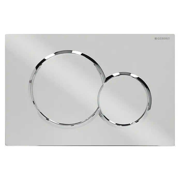 Geberit Betätigungsplatte Sigma 01 - 115.770.21.5 - Chrom Hochglanz, 2-Mengen-Spülung - Ein Geberit Betätigungsplatte mit zwei runden, verchromten Knöpfen auf einer glänzenden, rechteckigen Platte.