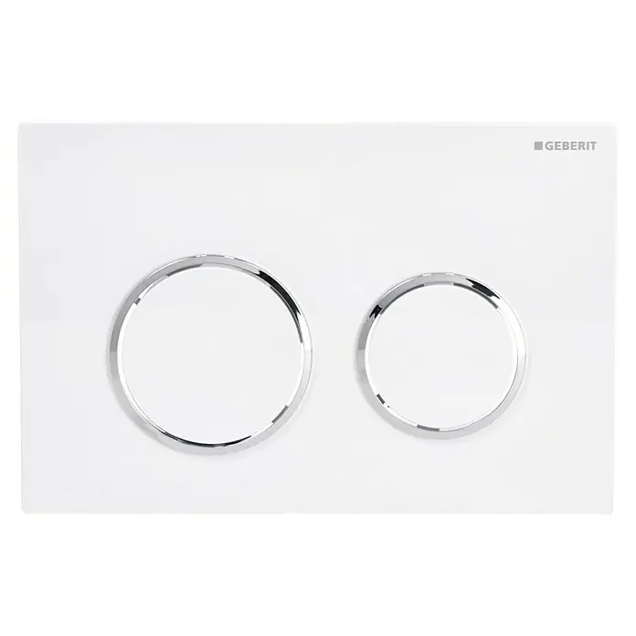 Geberit Betätigungsplatte Omega 20 - 115.085.KJ.1 - Weiß Hochglanz, 2-Mengen-Spülung - Nahaufnahme einer Geberit Betätigungsplatte mit zwei runden Tasten zur Spülung, ideal für moderne Badezimmer.