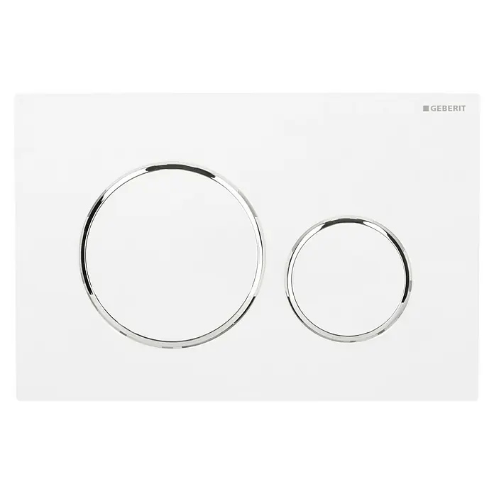 Geberit Betätigungsplatte Sigma 20 115.882.KJ.1 - Weiß, 2-Mengen-Spülung - Nahaufnahme einer Geberit Betätigungsplatte mit zwei runden Tasten in Chrom vor einem weißen Hintergrund.