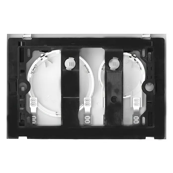 Geberit Betätigungsplatte Sigma 20 115.882.KJ.1 - Weiß, 2-Mengen-Spülung - Aufnahme von drei weißen Spulen, die auf einer schwarzen Vorrichtung in einer weißen Box montiert sind, geeignet für die Telekommunikation.