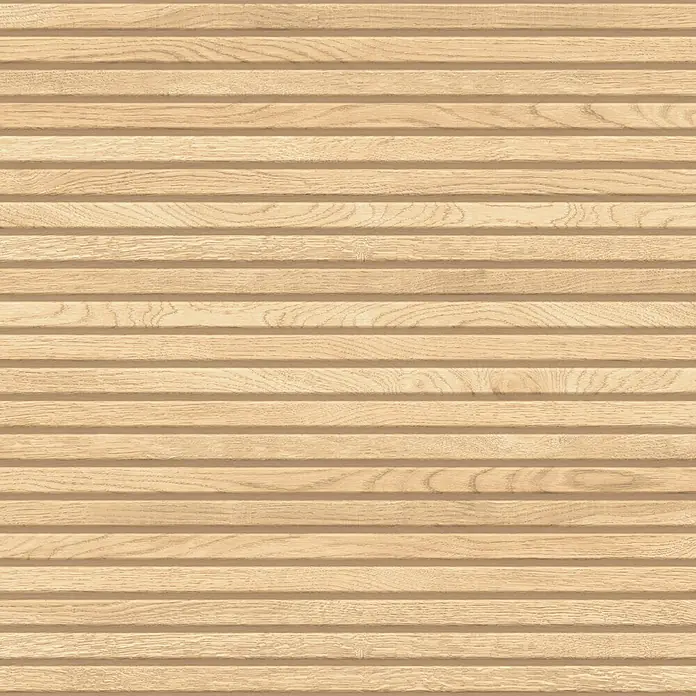 Feinsteinzeugfliese Boseli Wood - 59,8 x 119,8 cm, Beige, Matt - Helle Holzlamellen-Wandpaneel-Textur mit ausgeprägter Maserung.