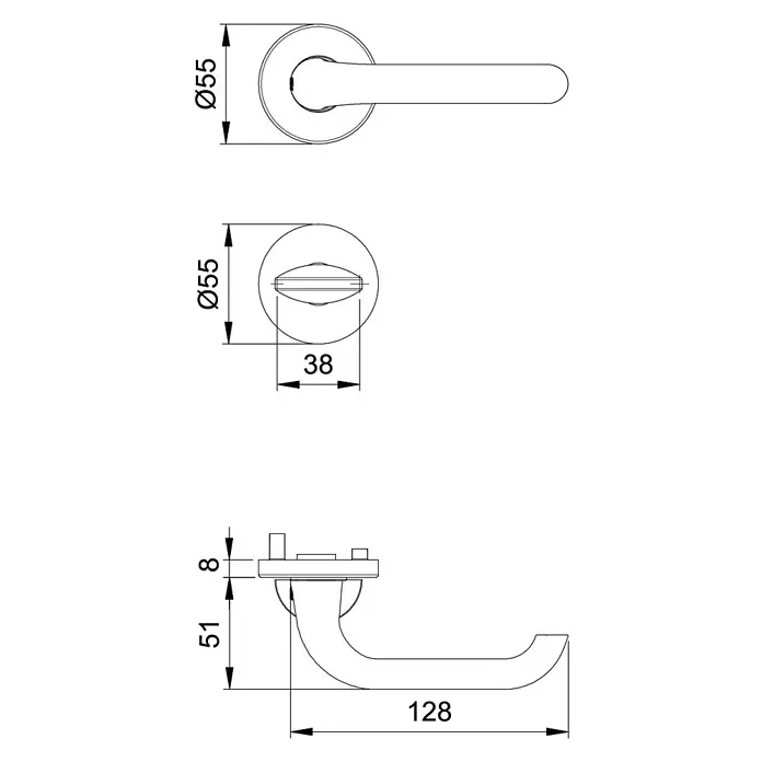 Portaferm WC-Drückergarnitur - Schlitzkopf/Olive, Aluminium, Rosette - Technische Zeichnung eines Türgriffs mit Maßangaben (Ø55, 38, 8, 51, 128 mm) für eine detaillierte Produktansicht.