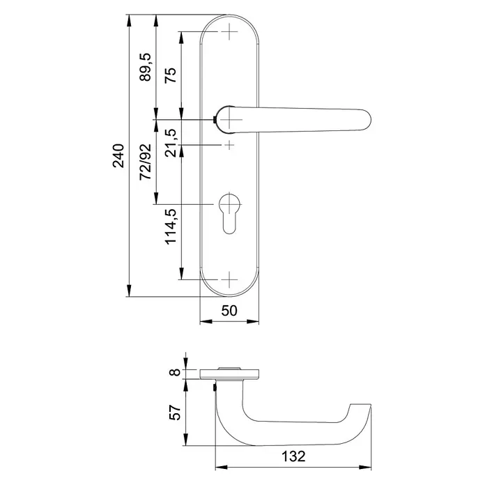 Schutzbeschlag - Hauseingangstür, Aluminium, Profilzylinder PZ, Farbe: Edelstahl - Technische Zeichnung eines Türgriffs mit Rosette und allen relevanten Maßen für Montage und Design.