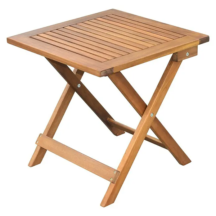 Sunfun Diana Garten-Beistelltisch - L x B x H: 45 x 45 x 45 cm, Akazie, Quadratisch, Braun - Bild eines quadratischen, klappbaren Holztisches mit Lattenrost-Tischplatte und X-förmigem Untergestell.