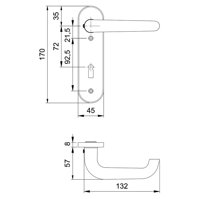 Stabilit Drückergarnitur - Stärke Tür: 35 mm - 45 mm, Aluminium, U-Form - Technische Zeichnung eines Türgriffs mit detaillierten Maßangaben zur Veranschaulichung von Größe und Proportionen für Bauwesen und Design.