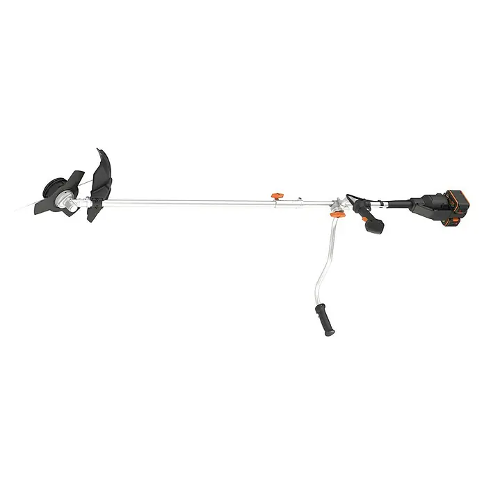 Worx PowerShare 20V Akku-Rasentrimmer WG084E.9 - 20 V, Li-Ionen, Ohne Akku, Schnittbreite Messer: 25,5 cm, Schnittbreite Faden: 38 cm - Akku-Freischneider mit schwarzem/orangem Griff, silberner Stange und schwarzem Schneidkopf mit Klingen.