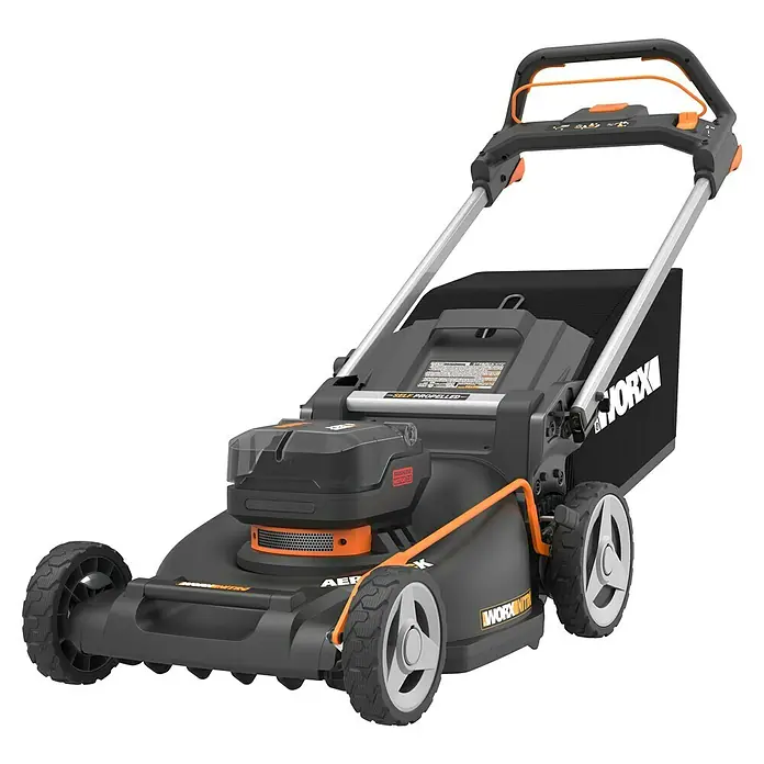 Worx PowerShare 20V Akku-Rasenmäher WG760E - 40 V, 2 Akkus, 5 Ah, Schnittbreite: 51 cm - Selbstfahrender dunkelgrau-oranger Elektrorasenmäher mit Fangkorb.