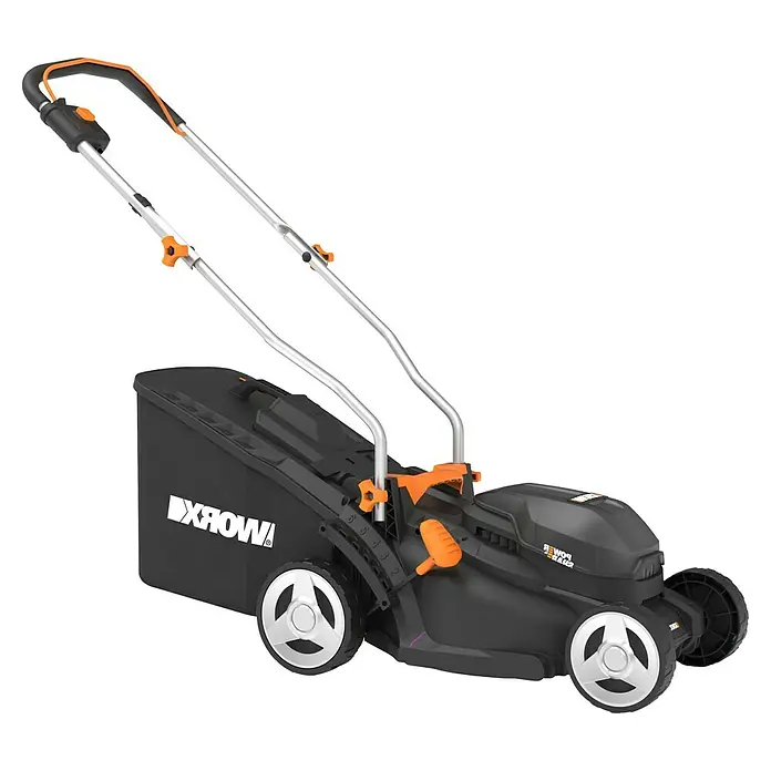 Worx PowerShare 20V Akku-Rasenmäher WG733E - 20 V, 1 Akku, 4 Ah, Schnittbreite: 33 cm - Ein schwarzer Rasenmäher mit orangefarbenen Akzenten vor einem neutralen Hintergrund.