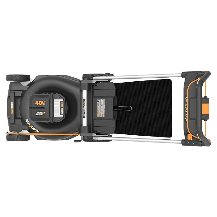 Worx PowerShare 20V Akku-Rasenmäher WG760E - 40 V, 2 Akkus, 5 Ah, Schnittbreite: 51 cm - Draufsicht auf einen schwarzen und orangefarbenen WORX 40V Akku-Rasenmäher mit Radantrieb und Fangkorb.