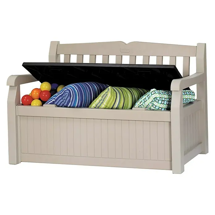 Keter Banco de jardín Eden - L x An x Al: 60 x 140 x 84 cm, Plástico, Beige/Marrón espresso - Un banco de jardín con almacenamiento para juguetes y cojines. El banco es beige y tiene una tapa negra. Ideal para espacios exteriores.