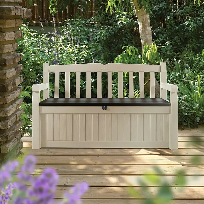 Keter Banco de jardín Eden - L x An x Al: 60 x 140 x 84 cm, Plástico, Beige/Marrón espresso - Un banco de jardín con almacenamiento integrado, ideal para guardar artículos de jardinería y ofrecer asientos al aire libre.