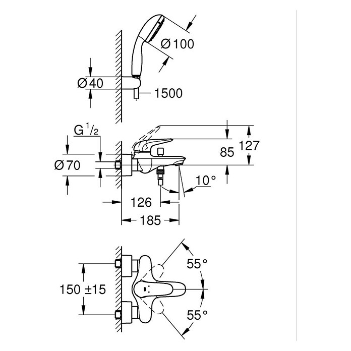 Grohe Eurostyle Solid Badewannenarmatur (Ausladung Armatur: 185 mm, Chrom, Glänzend, Handbrause) | BAUHAUS
