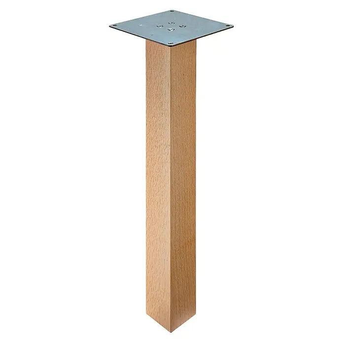 Hettich Möbelfuß Melta - L x B x H: 5 x 5 x 42 cm, Traglast: 100 kg, Holz - Nahaufnahme eines vierkantigen Tischbeins aus Holz mit Metallplatte an der Oberseite, ideal für Möbelbauprojekte.