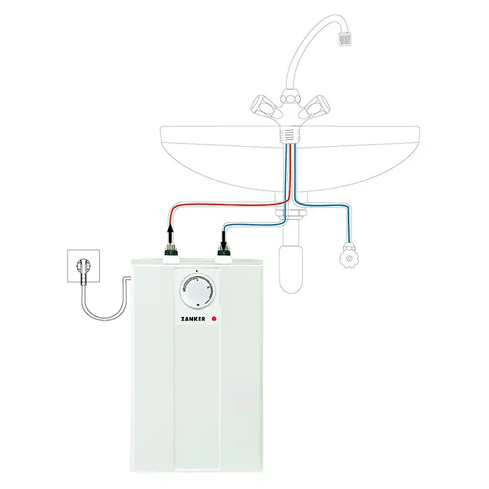 Zanker Warmwasserspeicher WO 5U-S - 5 l, 2.000 W, Temperaturbereich: 35 °C - 85 °C, Untertischmontage - Schema eines ZANKER Warmwasserbereiters, der an ein Waschbecken angeschlossen ist, mit roten und blauen Rohren für die Wasserversorgung.