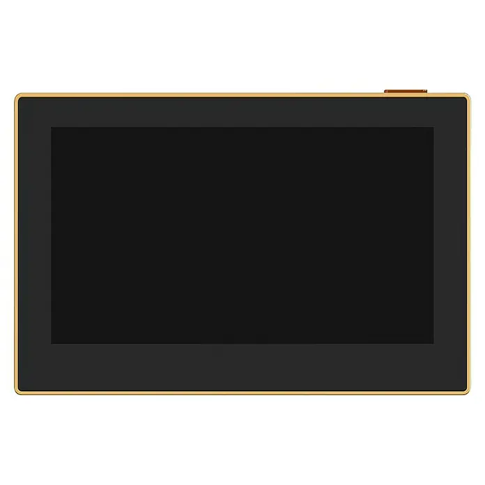 EZVIZ Mirilla digital HP2 - Negro/Oro - Primer plano de una pantalla LCD con marco amarillo, mostrando negros intensos y nítidos.