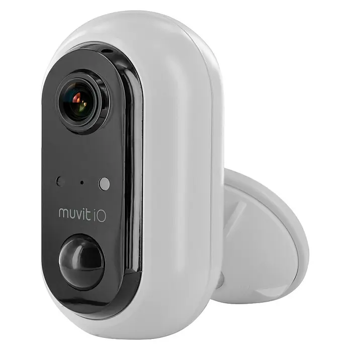 Muvit Cámara de vigilancia WiFi + panel solar - Blanco, Ángulo de detección: 180 °, Alcance de detección: 12 m - Primer plano de una cámara de vigilancia Muvit IO, diseñada para la seguridad y el monitoreo interior.