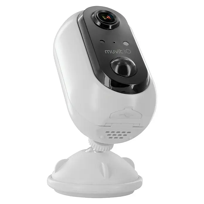 Muvit Cámara de vigilancia WiFi + panel solar - Blanco, Ángulo de detección: 180 °, Alcance de detección: 12 m - Primer plano de una cámara de seguridad Muvit IO blanca y negra, de pie sobre un soporte de ventosa blanco.