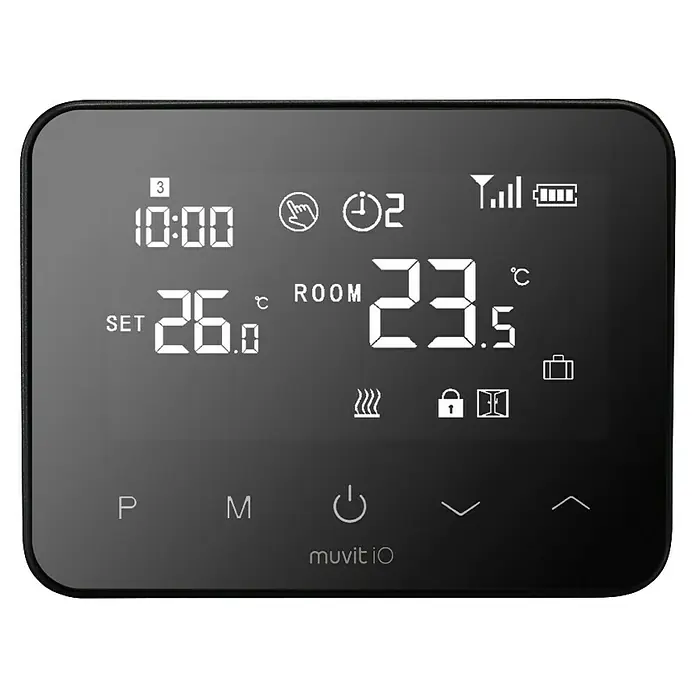 Muvit Termostato inteligente MIOSTH001 - Negro, L x An x Al: 2,35 x 12,5 x 9,8 cm - Termostato inteligente negro con pantalla digital blanca que muestra la hora, temperaturas establecida y ambiente, Wi-Fi, batería e iconos de modo.