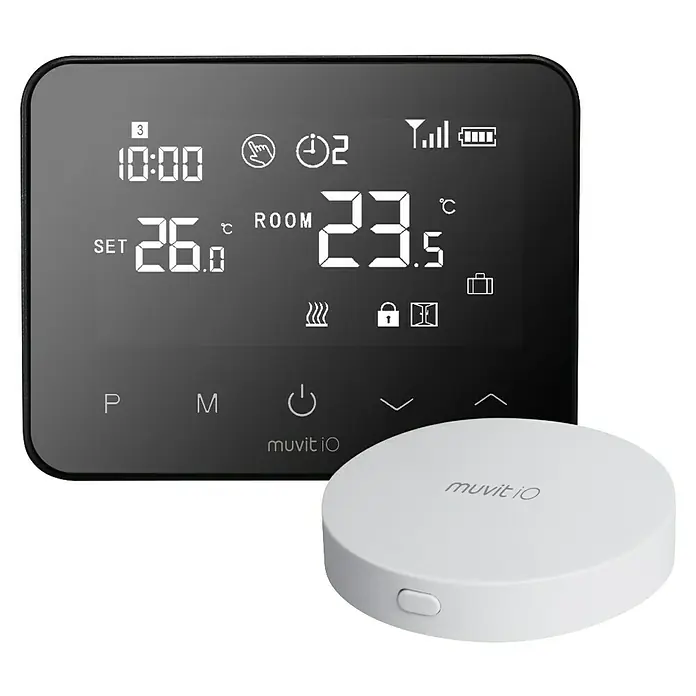 Muvit Termostato inteligente MIOSTH001 - Negro, L x An x Al: 2,35 x 12,5 x 9,8 cm - Termostato inteligente digital negro con hora y temperatura, acompañado de un sensor de temperatura redondo blanco e inalámbrico.