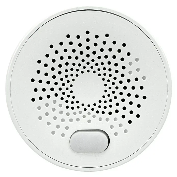 Garza Detector de gas Smart WiFi - Ø x Al: 4,5 x 7,5 cm, 70 dB - Altavoz inteligente redondo blanco o dispositivo de alarma con parte superior perforada y botón gris.