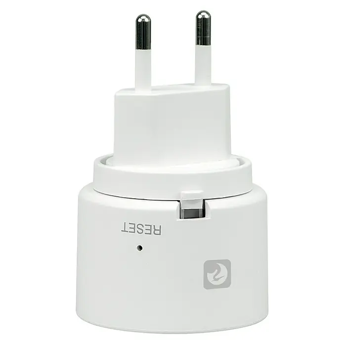 Garza Detector de gas Smart WiFi - Ø x Al: 4,5 x 7,5 cm, 70 dB - Enchufe inteligente blanco con dos clavijas, botón de reinicio y logo. Para tomas europeas.