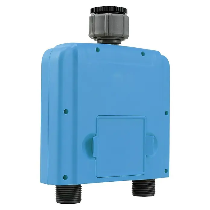 Garza Programador de riego Smart Home Tajo - 3.680 W, Azul - Temporizador de agua de plástico azul claro con conectores roscados gris oscuro y negro, vista trasera con compartimento para pilas.