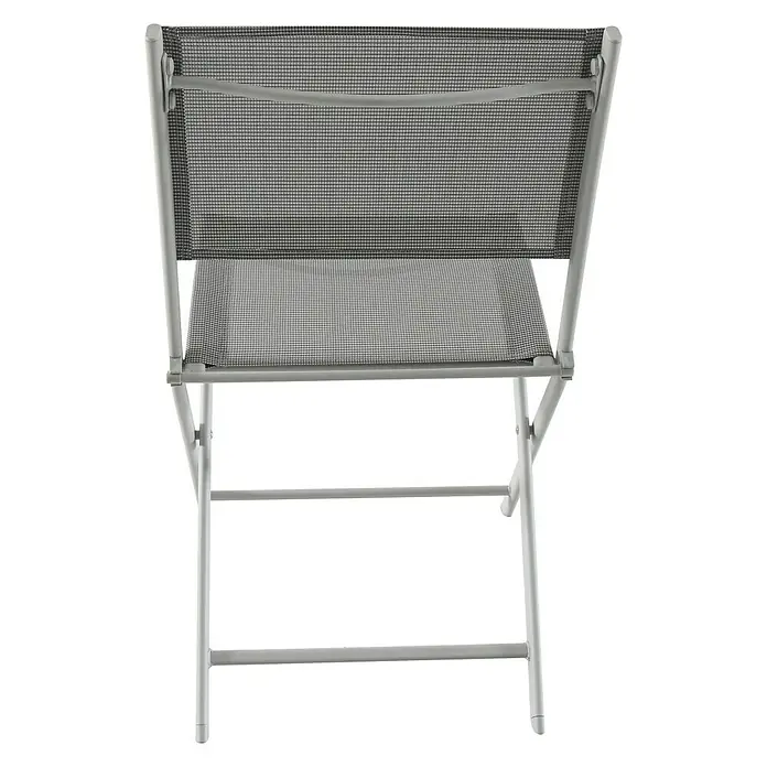 Sunfun Conjunto de muebles de balcón Miren - 3 pzs. - Vista de una silla plegable gris con tela de malla. La silla tiene un diseño sencillo y funcional y es adecuada para uso en exteriores.