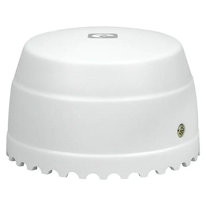 Garza Detector de agua inalámbrico Smart WiFi - Diámetro: 5,4 cm, Señal de alarma: 55 dB - Carcasa blanca en forma de cúpula con lados acanalados, base festoneada y tornillo visible.