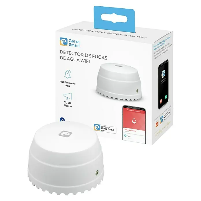 Garza Detector de agua inalámbrico Smart WiFi - Diámetro: 5,4 cm, Señal de alarma: 55 dB - Detector de fugas de agua Wi-Fi Garza Smart blanco en su embalaje, con notificaciones de app y alarma de 70 dB.