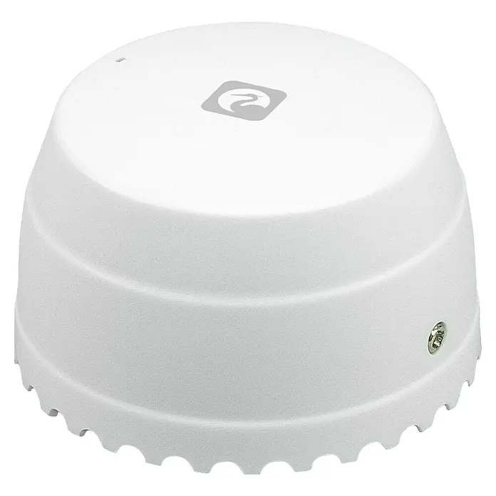Garza Detector de agua inalámbrico Smart WiFi - Diámetro: 5,4 cm, Señal de alarma: 55 dB - Sensor/detector blanco en forma de cúpula con un logotipo superior, un tornillo lateral y un borde festoneado.