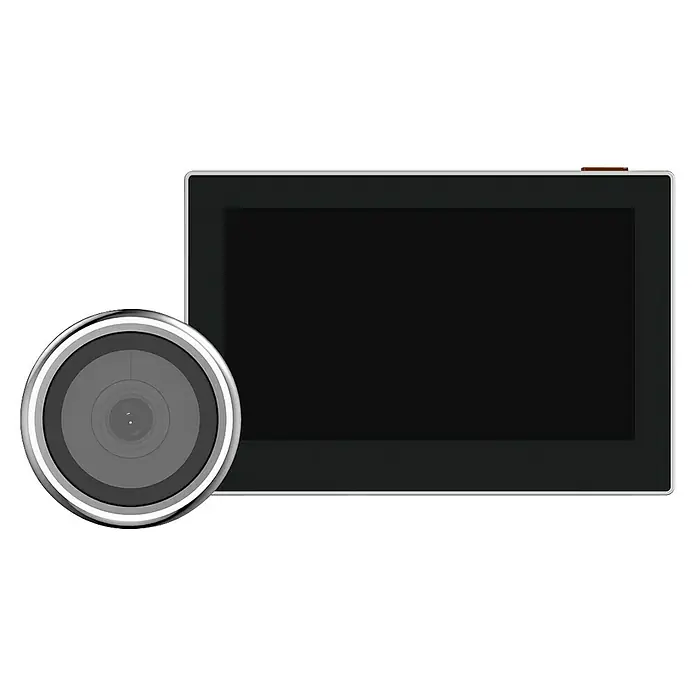 EZVIZ Mirilla digital HP2 - Negro/Plata - La imagen muestra una cámara de seguridad moderna con una pantalla grande y una cámara redonda. Solución de vigilancia de alta calidad y elegante.