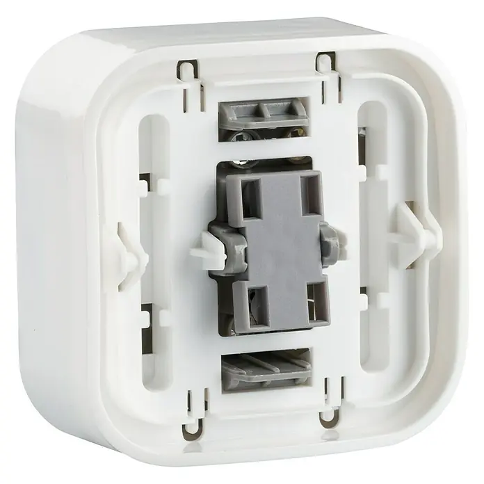 Legrand Forix Conmutador - Blanco, Montaje en superficie, 10 A - Primer plano de un temporizador blanco con componentes grises, mostrando la mecánica interna del producto.