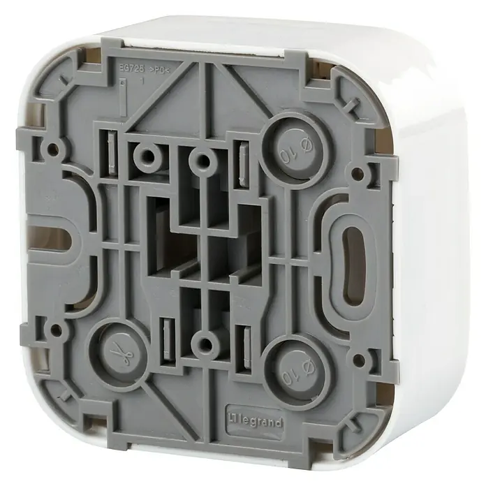 Legrand Forix Conmutador - Blanco, Montaje en superficie, 10 A - Parte inferior de un producto Legrand blanco que muestra la estructura de plástico gris y orificios de montaje.