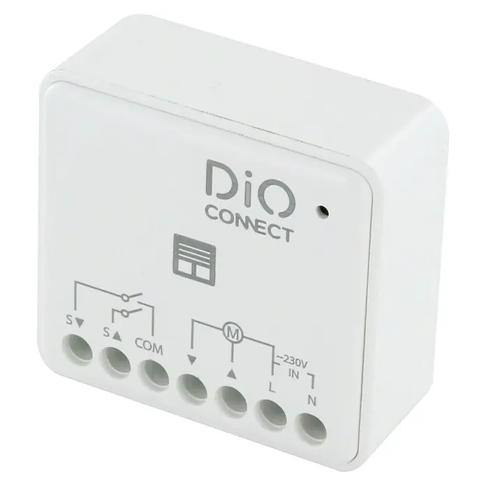 Chacon Interruptor inalámbrico para persianas WiFi - Montaje en superficie, Blanco - Primer plano de un dispositivo DiO Connect blanco, un módulo de automatización domótica para el control de persianas.