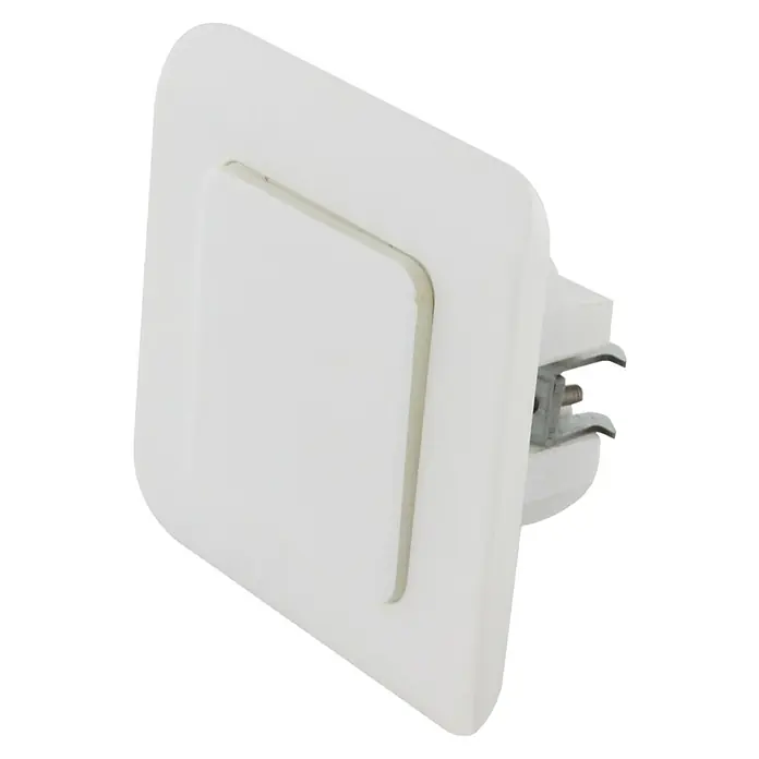 Chacon Interruptor REV LIGHT WiFi - Blanco, Montaje en la pared, Para interior - Primer plano de un interruptor de luz blanco. El interruptor es cuadrado con un panel central ligeramente hundido.