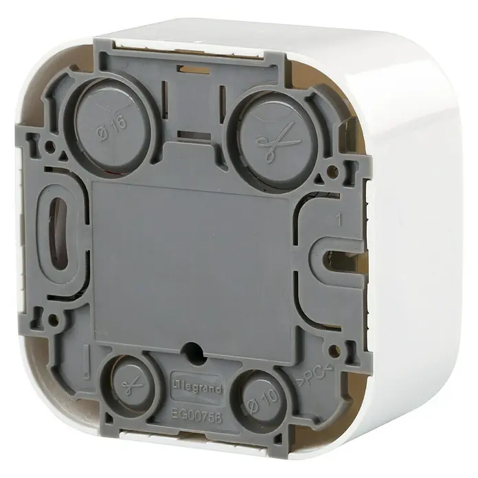 Legrand Forix Toma TV - Blanco, Plástico, Montaje en la pared - Primer plano de una caja empotrada Legrand, mostrando detalles como orificios de extracción y textura del material.