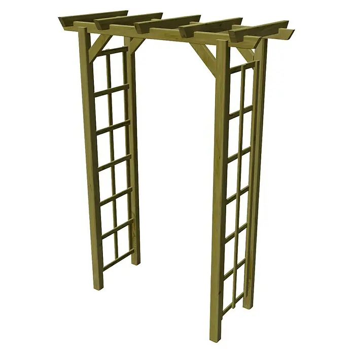 Arkadenpergola Daniela - Durchgangsbreite: 120 cm, Höhe: 218 cm - Bild eines hölzernen Gartenbogen, ideal als Dekoration oder Rankhilfe für Pflanzen im Garten.