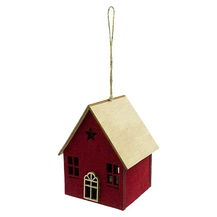 Dekoartikel LED Weihnachtshaus - 1 Stk., Sortiert, 10 x 8 x 12,5 cm - Rotes Filz-Hausornament mit hellem Holzdach und Jute-Aufhängeschnur. Mit ausgeschnittenen Fenstern, Stern und einer gewölbten Holztür.
