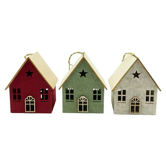 Dekoartikel LED Weihnachtshaus - 1 Stk., Sortiert, 10 x 8 x 12,5 cm - Drei Filz- und Holzhaus-Ornamente in Rot, Grün und Grau, mit Sternausschnitten und Juteschnur.