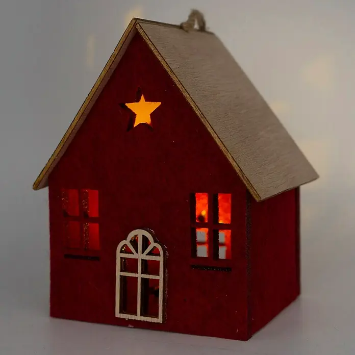 Dekoartikel LED Weihnachtshaus - 1 Stk., Sortiert, 10 x 8 x 12,5 cm - Rotes Filz- und Holzhaus als Dekoration mit leuchtendem Stern und Fensterausschnitten.