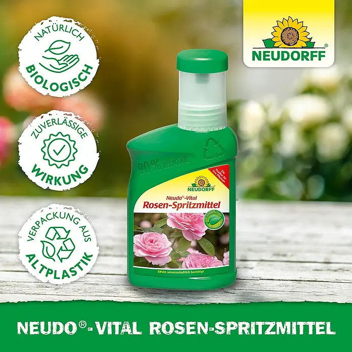 Neudorff Neudo-Vital Rosenspritzmittel - 250 ml - Produktbild: Neudorff Rosen-Spritzmittel, ein biologisches Mittel zur Stärkung und zum Schutz von Rosen, in einer grünen Recycling-Verpackung.